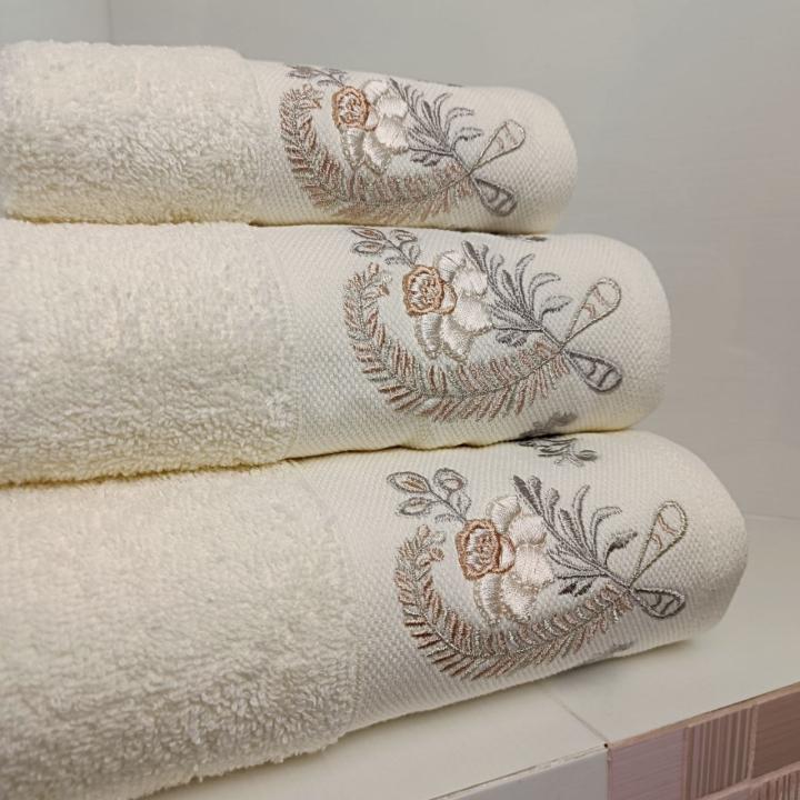 Комплекти рушників з вишивкою KARACAN 3шт. (Кремовий, 30х50/50х90/70х170)